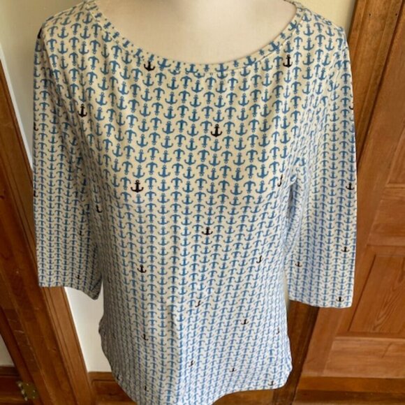 TALBOTS Classic 3/4 Sleeve Tee Shirt Blue Anchor Print - Picture 1 of 14